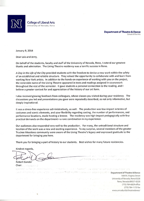 University of Nevada/Reno Letter of Recommendation